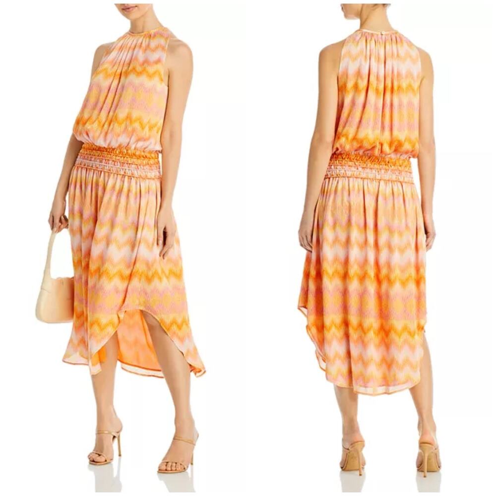 Ramy Brook Audrey Printed Midi Dress Sz Medium Sunset Orange Chiffon Resort Wear